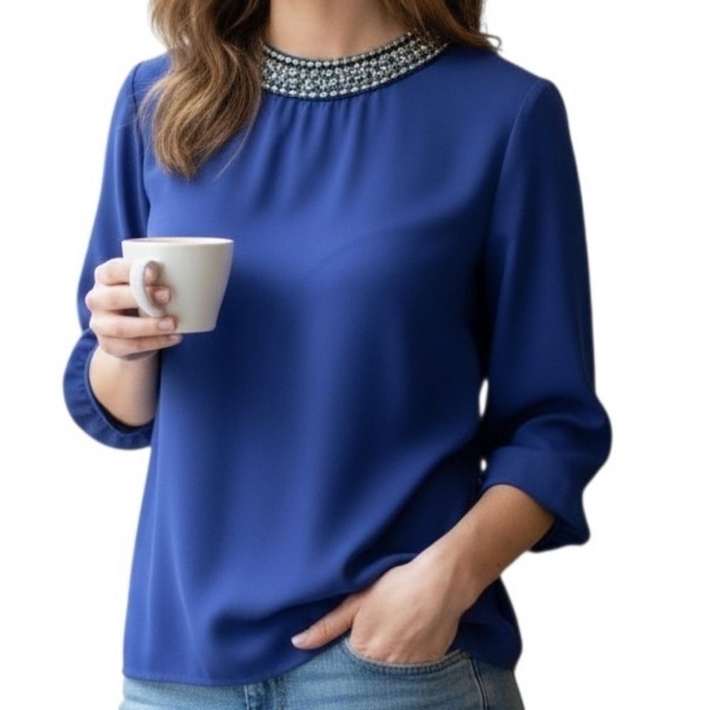 Moa Moa Cobalt Blue Blouse Small Rhinestone Chain Neck Career Crepe Top Glam